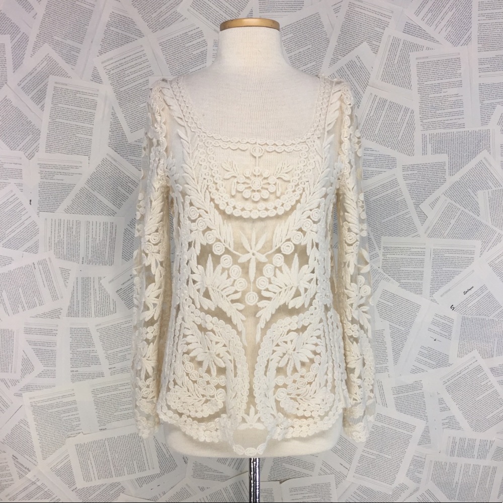 Sheer Mesh Lace Long Sleeve Blouse Top Cream